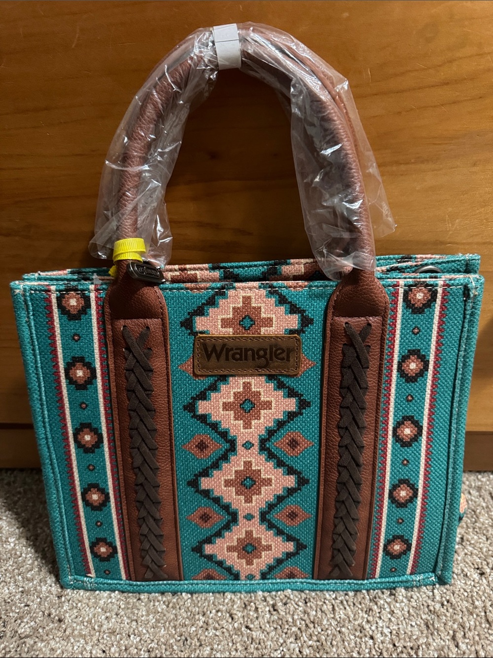 Wrangler Teal Aztec Tote with Brown Trim